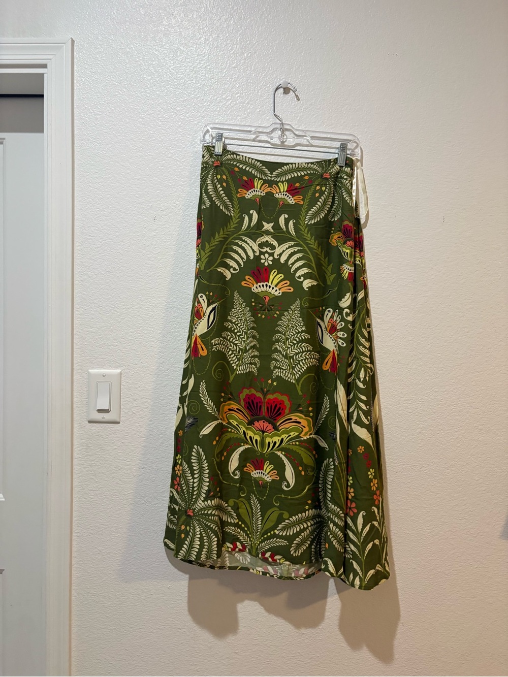FARM Rio Olive Green Floral Maxi Skirt with Multicolor Motifs